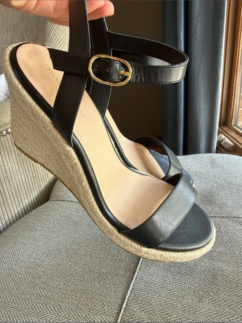 Stuart Weitzman Black Leather Espadrille Wedge Sandals